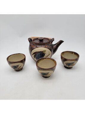 Vintage Japanese Stoneware Teapot & Teacup Set With Bamboo Handle